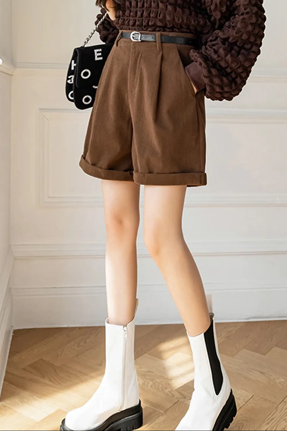 High Waist Retro Loose Corduroy Shorts with Belt