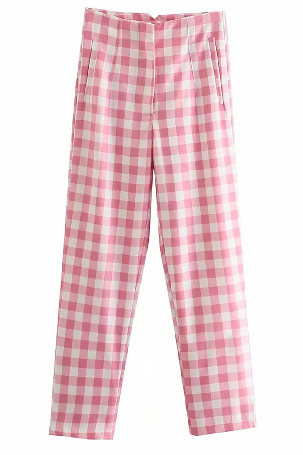 High Waist Sweet Pink Plaid Slim Long Pants