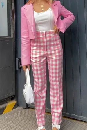 High Waist Sweet Pink Plaid Slim Long Pants