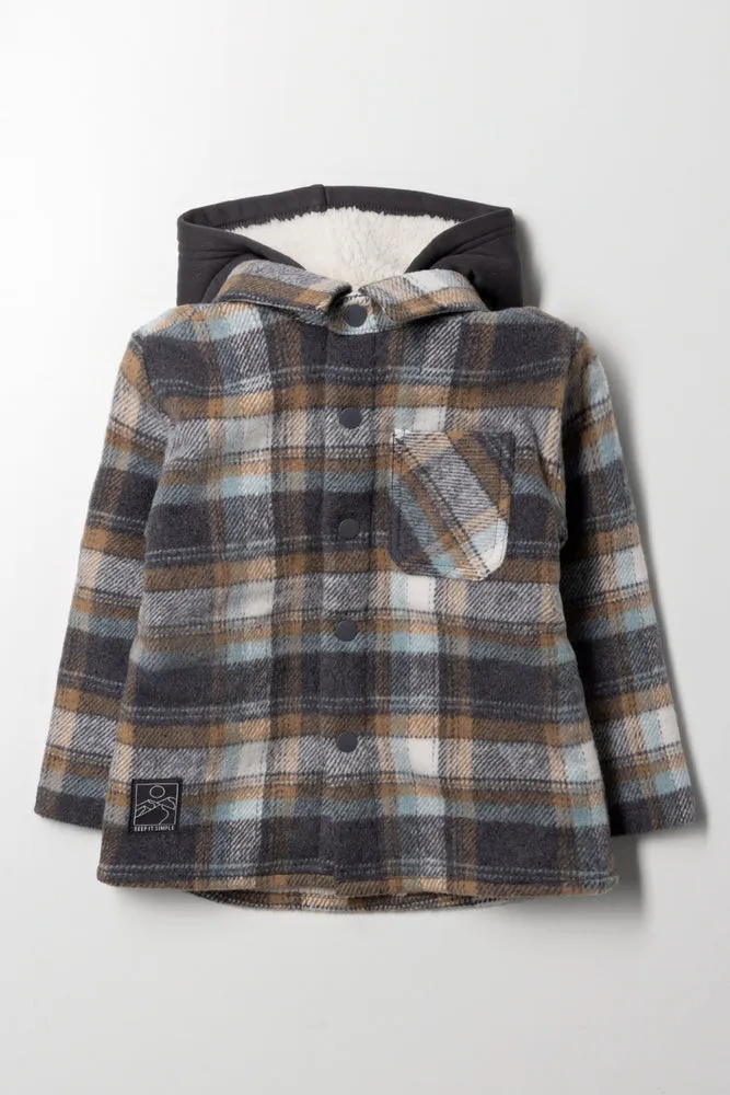 Hooded Check Shacket Grey And Blue