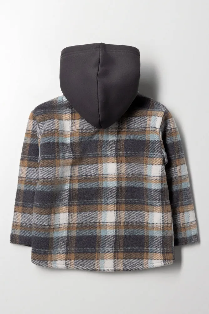 Hooded Check Shacket Grey And Blue