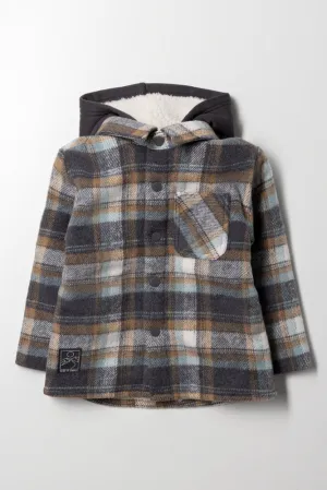 Hooded Check Shacket Grey And Blue