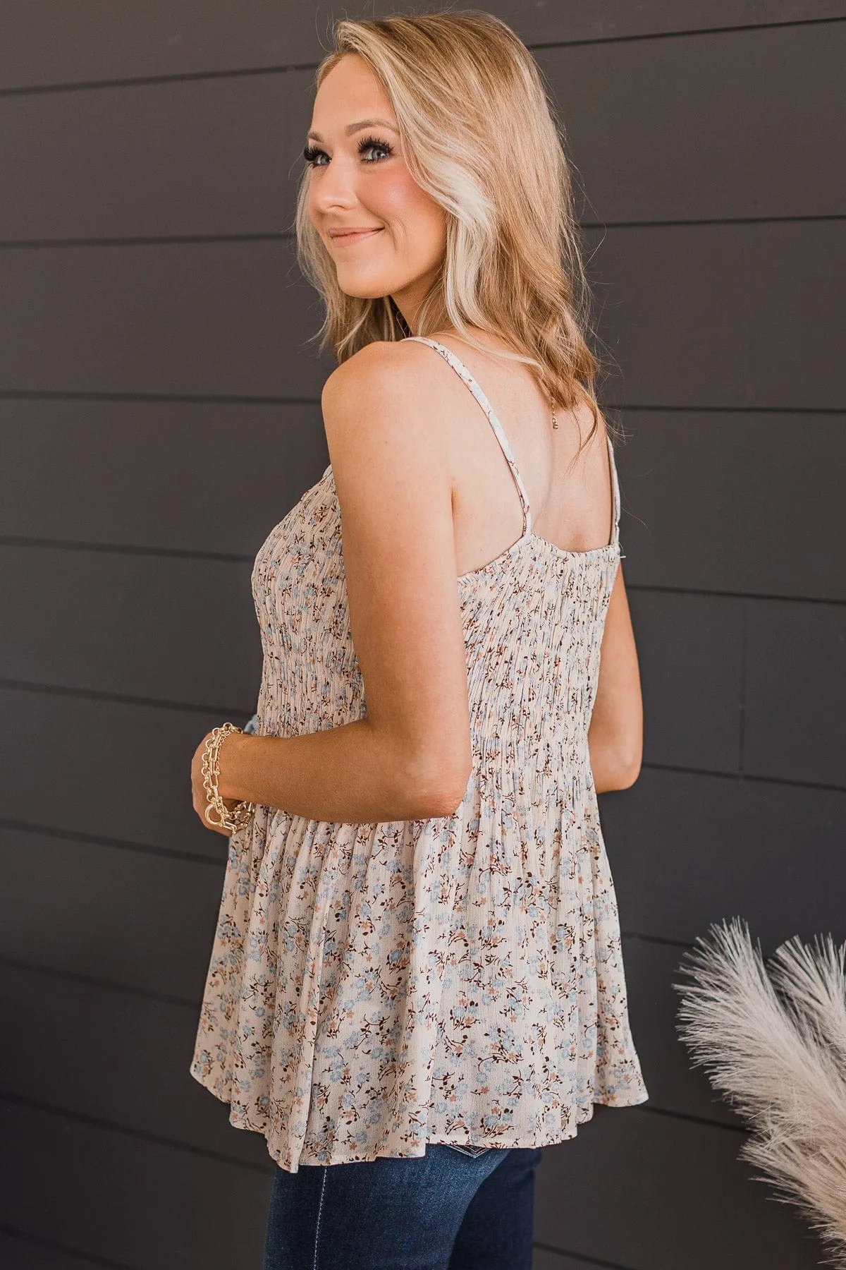 In A Minute Smocked Floral Tank Top- Pale Blush & Blue