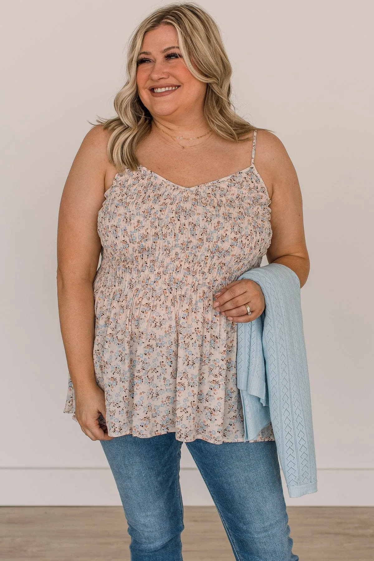 In A Minute Smocked Floral Tank Top- Pale Blush & Blue