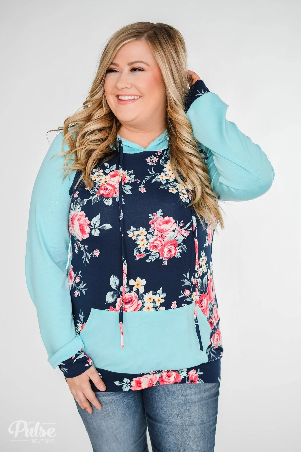 Into the Garden Floral Drawstring Hoodie- Navy & Turquoise