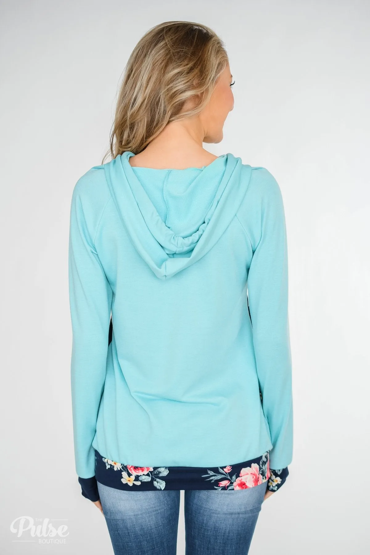 Into the Garden Floral Drawstring Hoodie- Navy & Turquoise