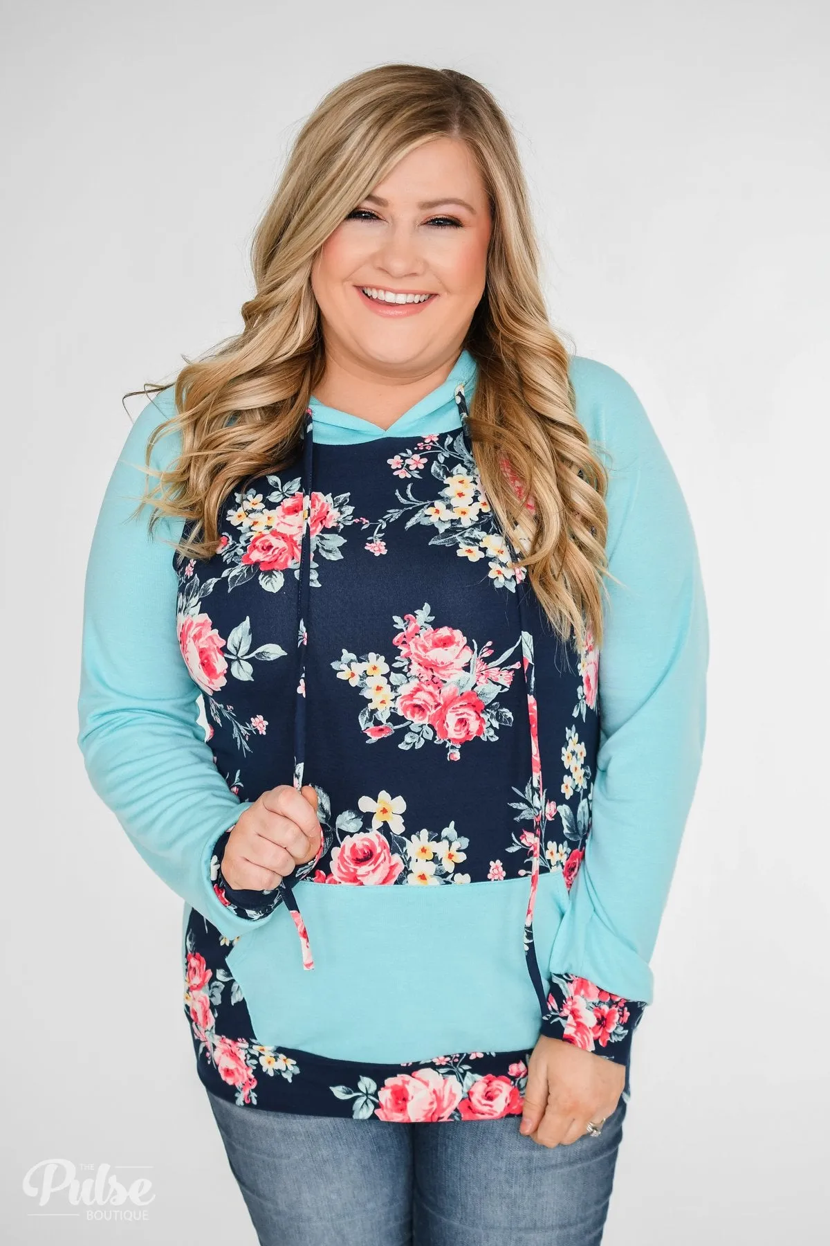 Into the Garden Floral Drawstring Hoodie- Navy & Turquoise