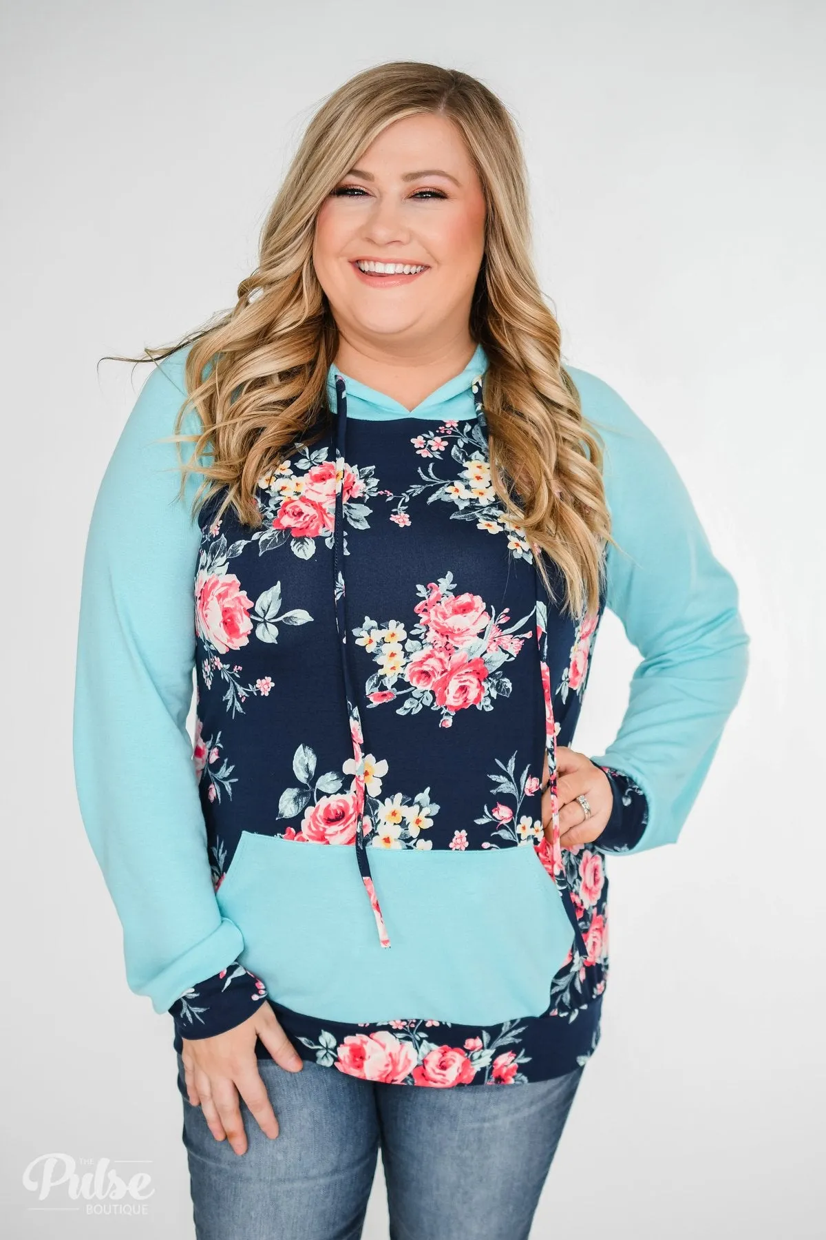 Into the Garden Floral Drawstring Hoodie- Navy & Turquoise