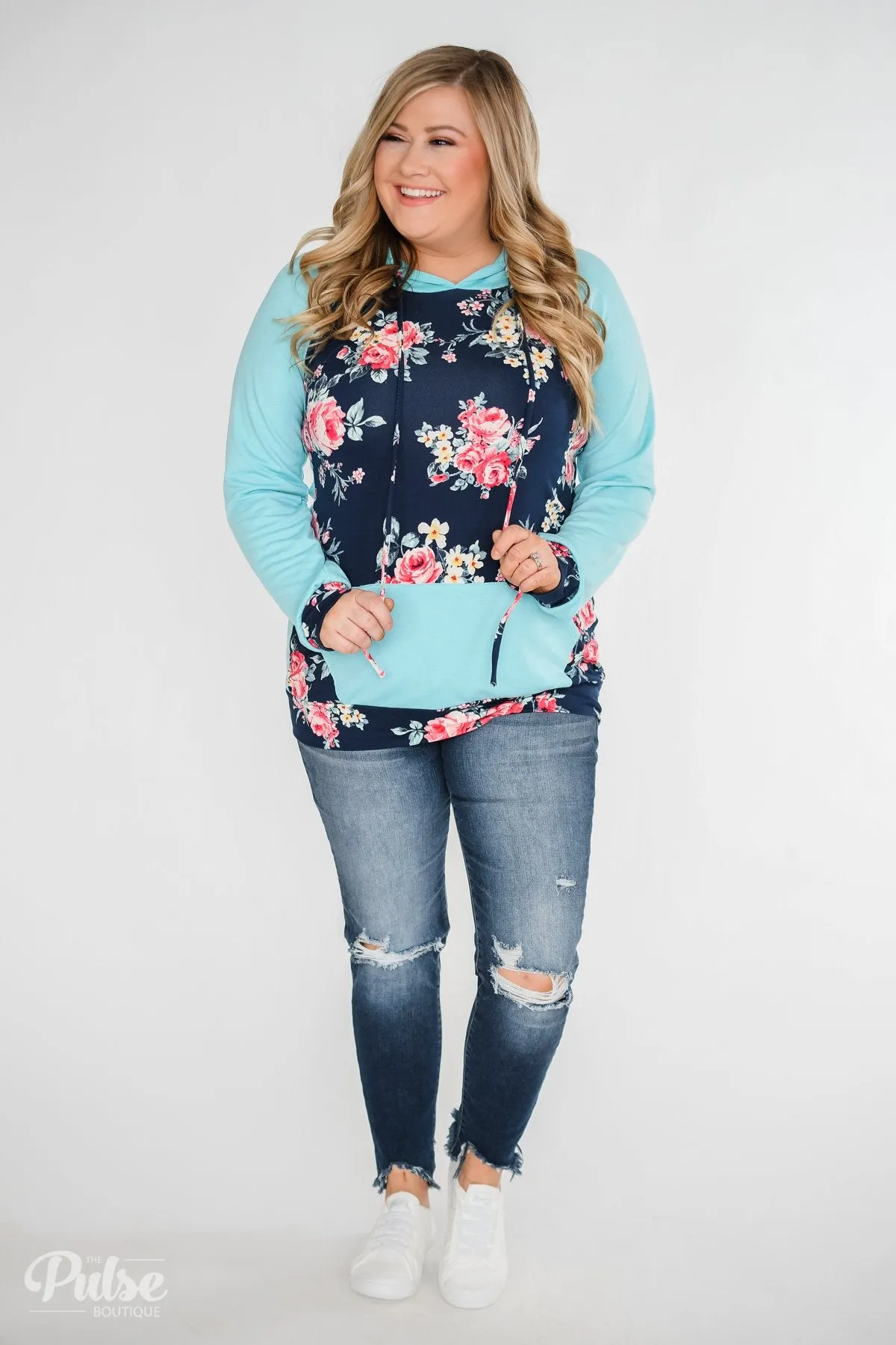 Into the Garden Floral Drawstring Hoodie- Navy & Turquoise