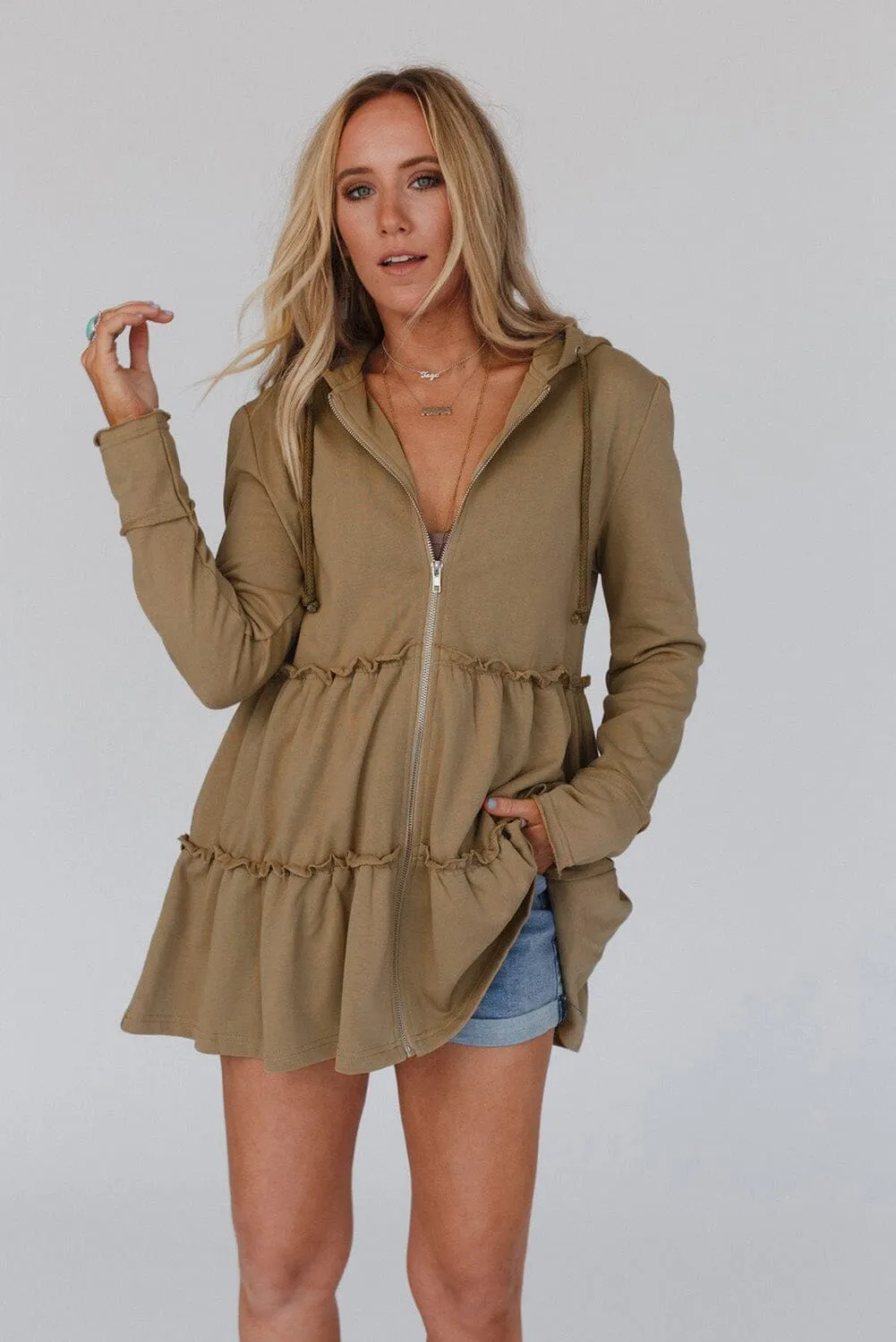 KaleaBoutique Tiered Ruffled Zip-Up Drawstring Hooded Jacket