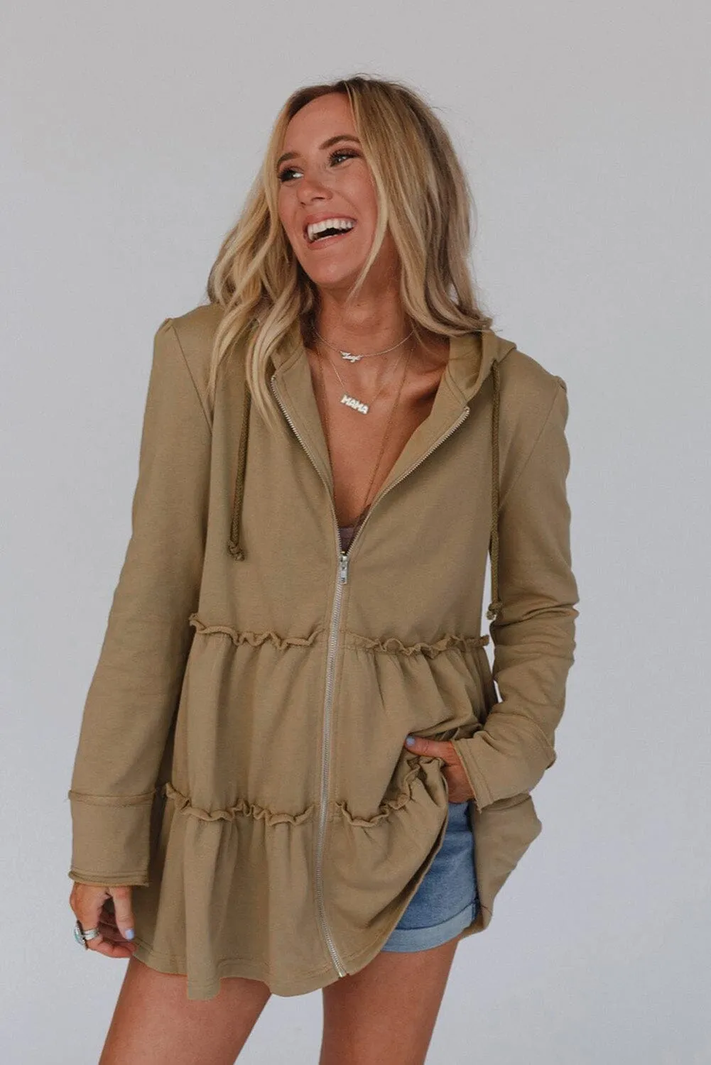 KaleaBoutique Tiered Ruffled Zip-Up Drawstring Hooded Jacket
