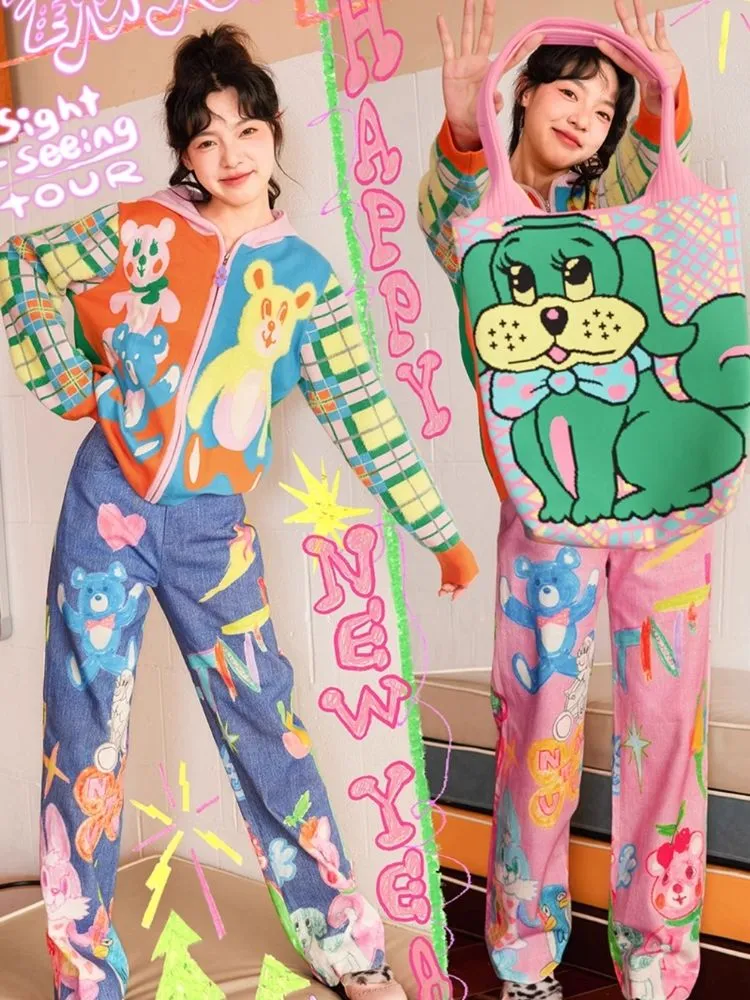 Knit Thin Cartoon Bear Plaid Sweater 【s0000006202】