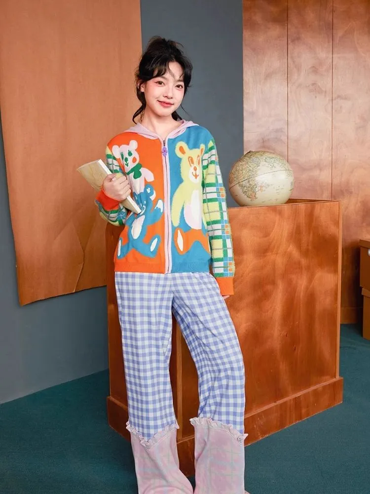 Knit Thin Cartoon Bear Plaid Sweater 【s0000006202】