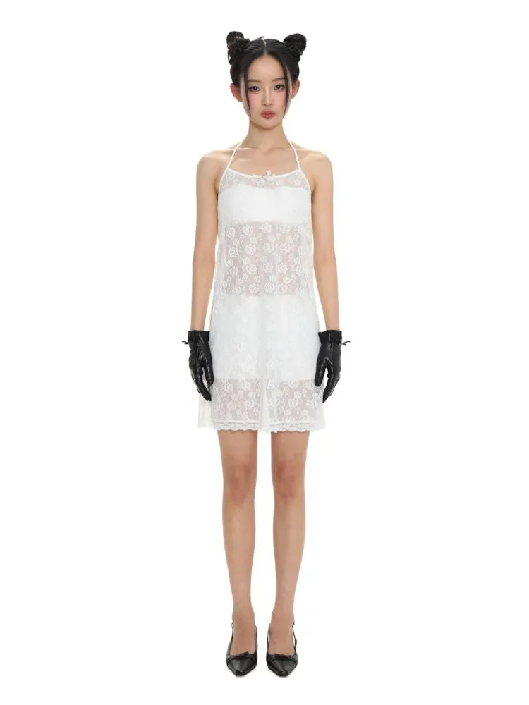 Lace bow thin white neck halter dress【s0000008692】