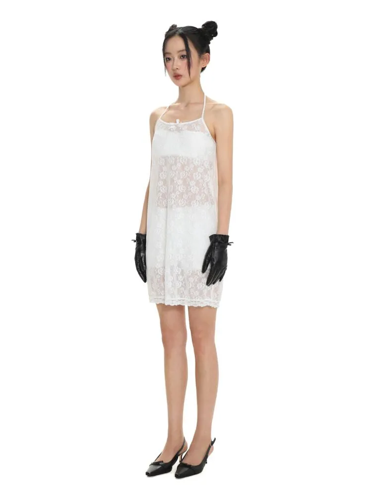 Lace bow thin white neck halter dress【s0000008692】