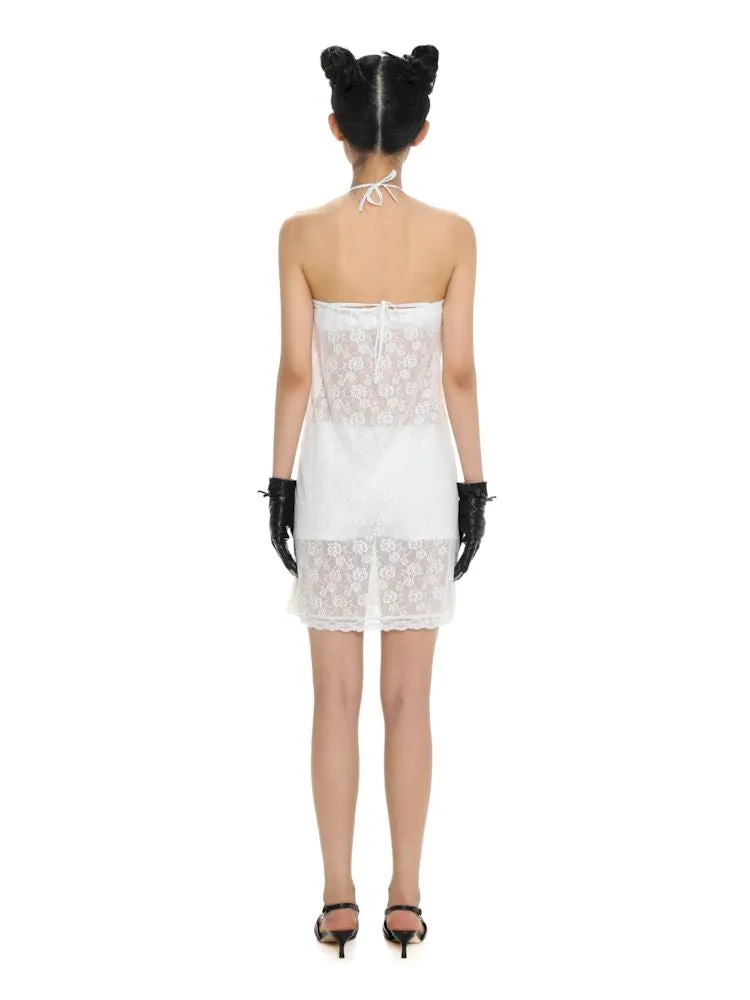 Lace bow thin white neck halter dress【s0000008692】