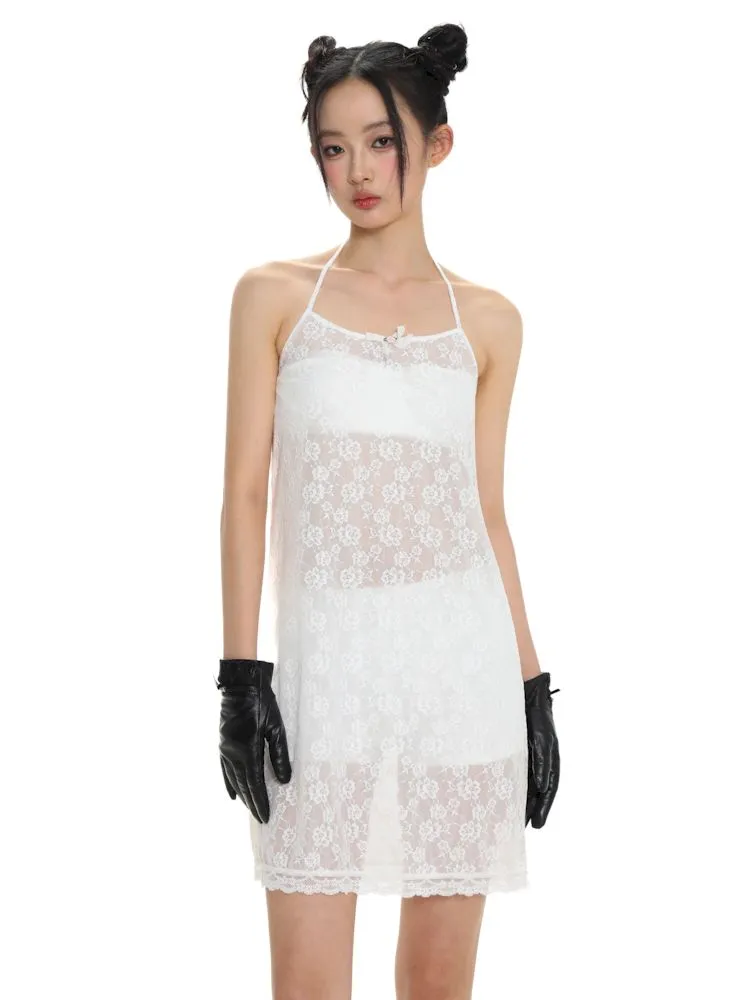 Lace bow thin white neck halter dress【s0000008692】