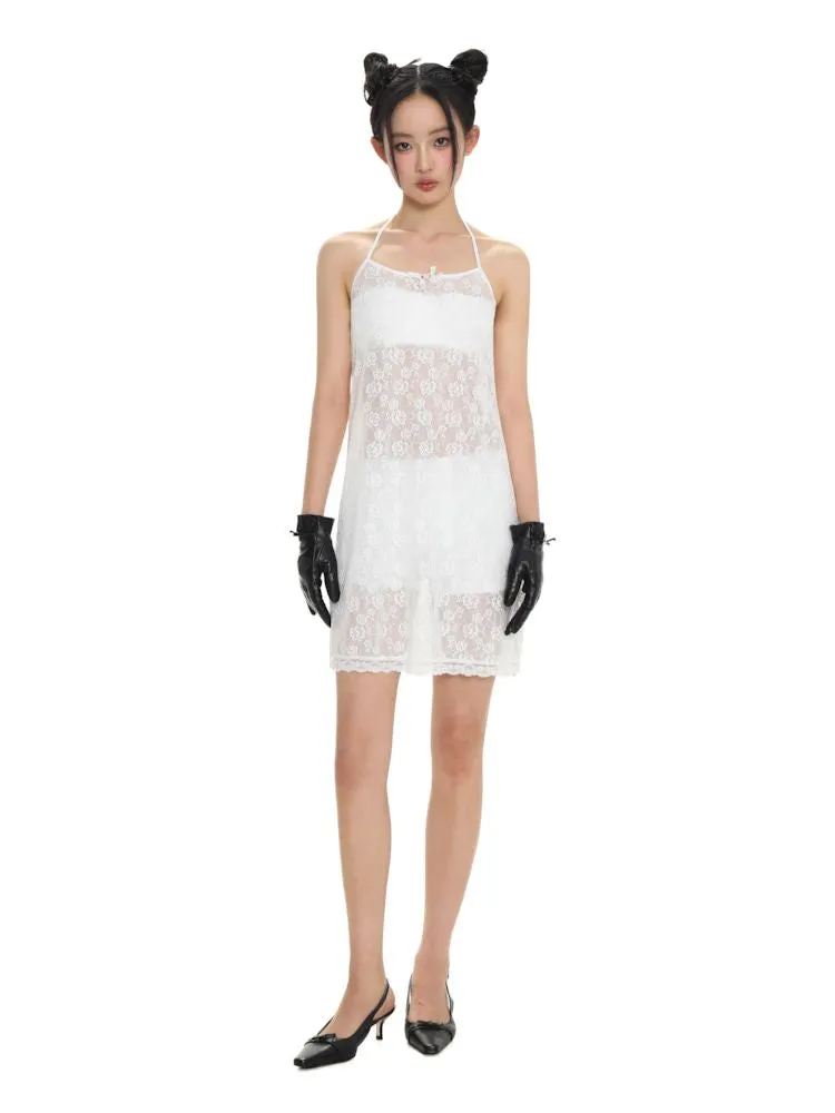 Lace bow thin white neck halter dress【s0000008692】