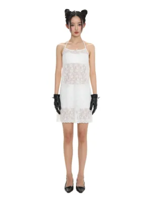 Lace bow thin white neck halter dress【s0000008692】