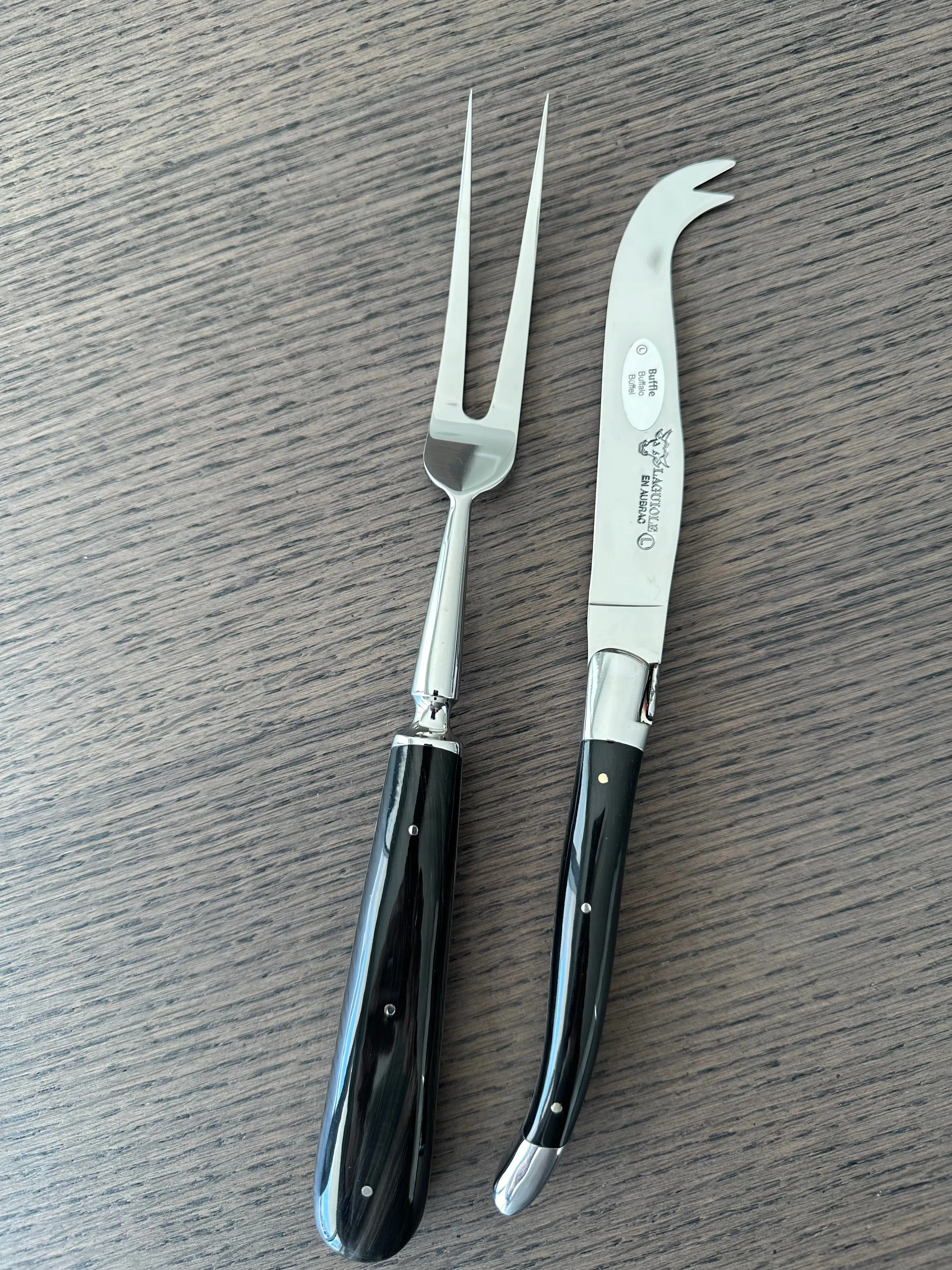 Laguiole en Aubrac Handcrafted 2-Piece Cheese Knife Set with Buffalo Horn Handles