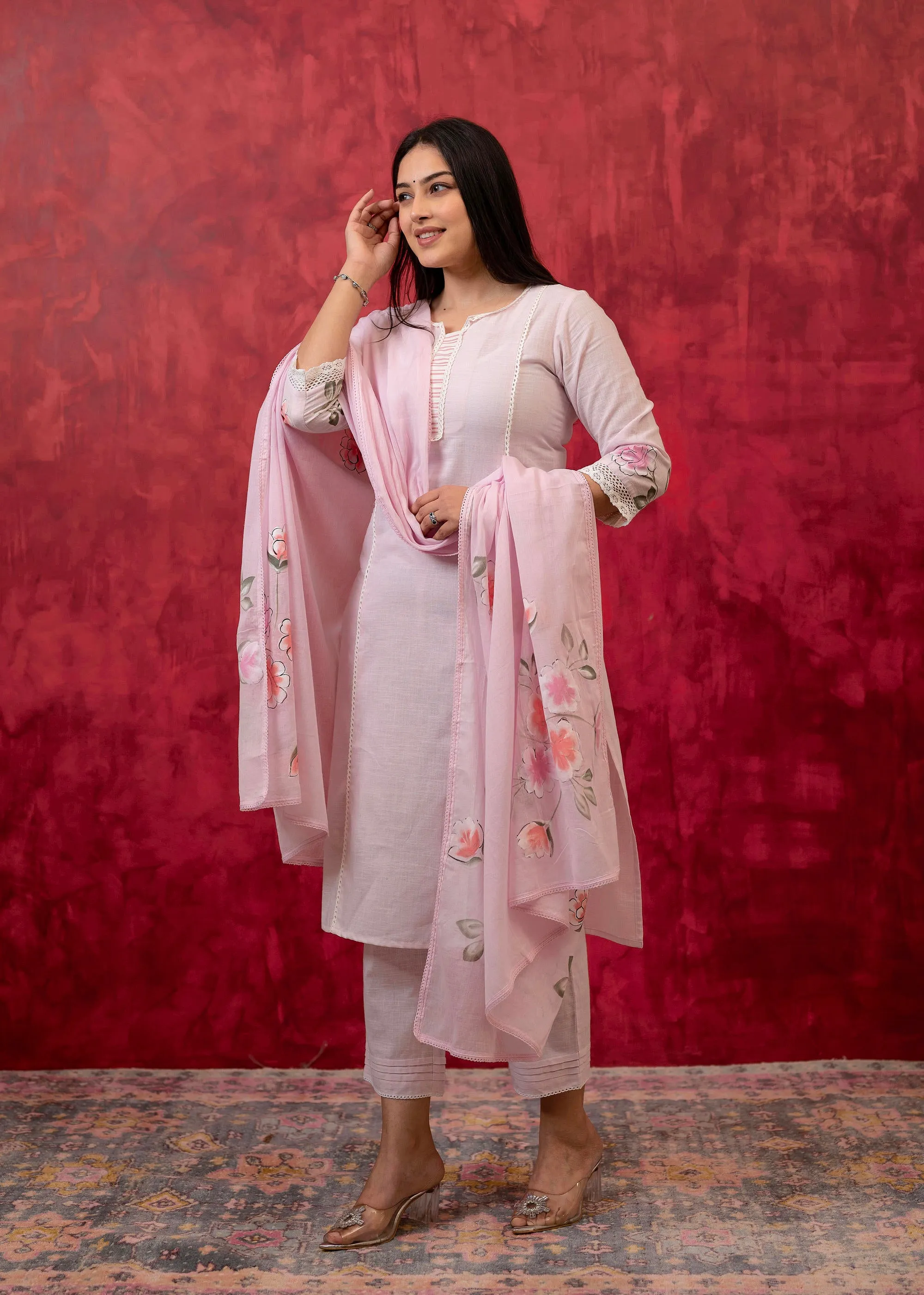 Lavender Cotton Slub Kurta-Pant Set with Lace Work & Floral Print Dupatta