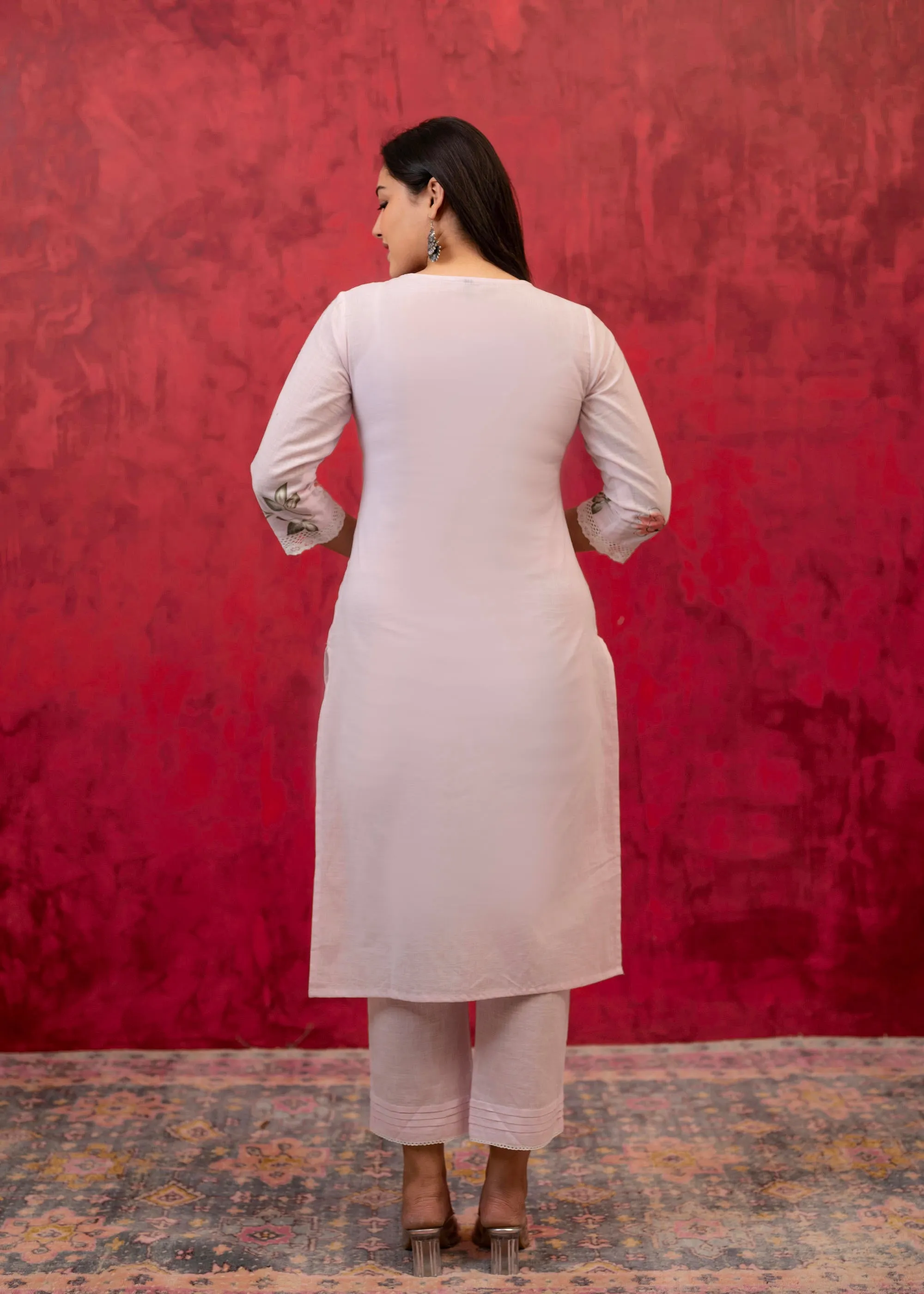 Lavender Cotton Slub Kurta-Pant Set with Lace Work & Floral Print Dupatta