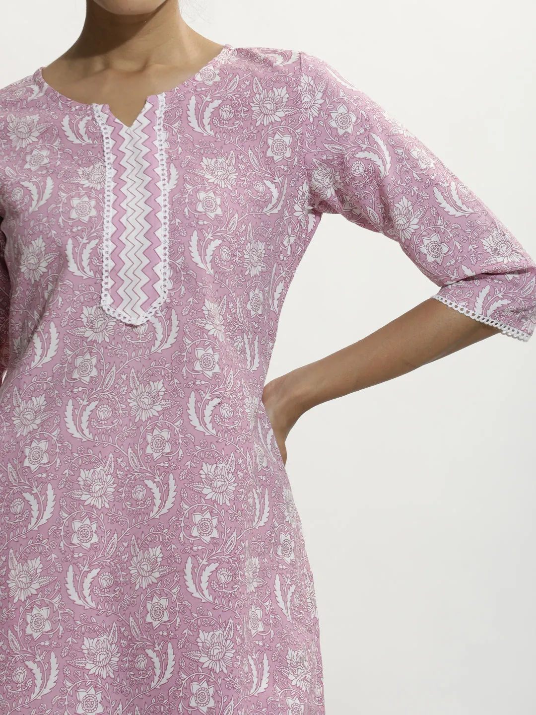 Lavender Floral Printed Cotton Blend Kurta Set