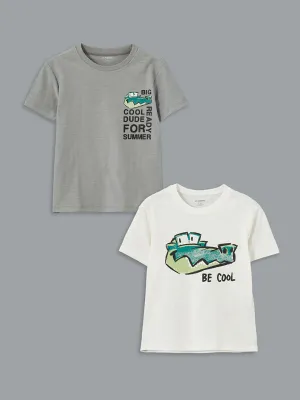 LCW Kids Ecru Crew Neck Printed Boys T-Shirt 2-Pack