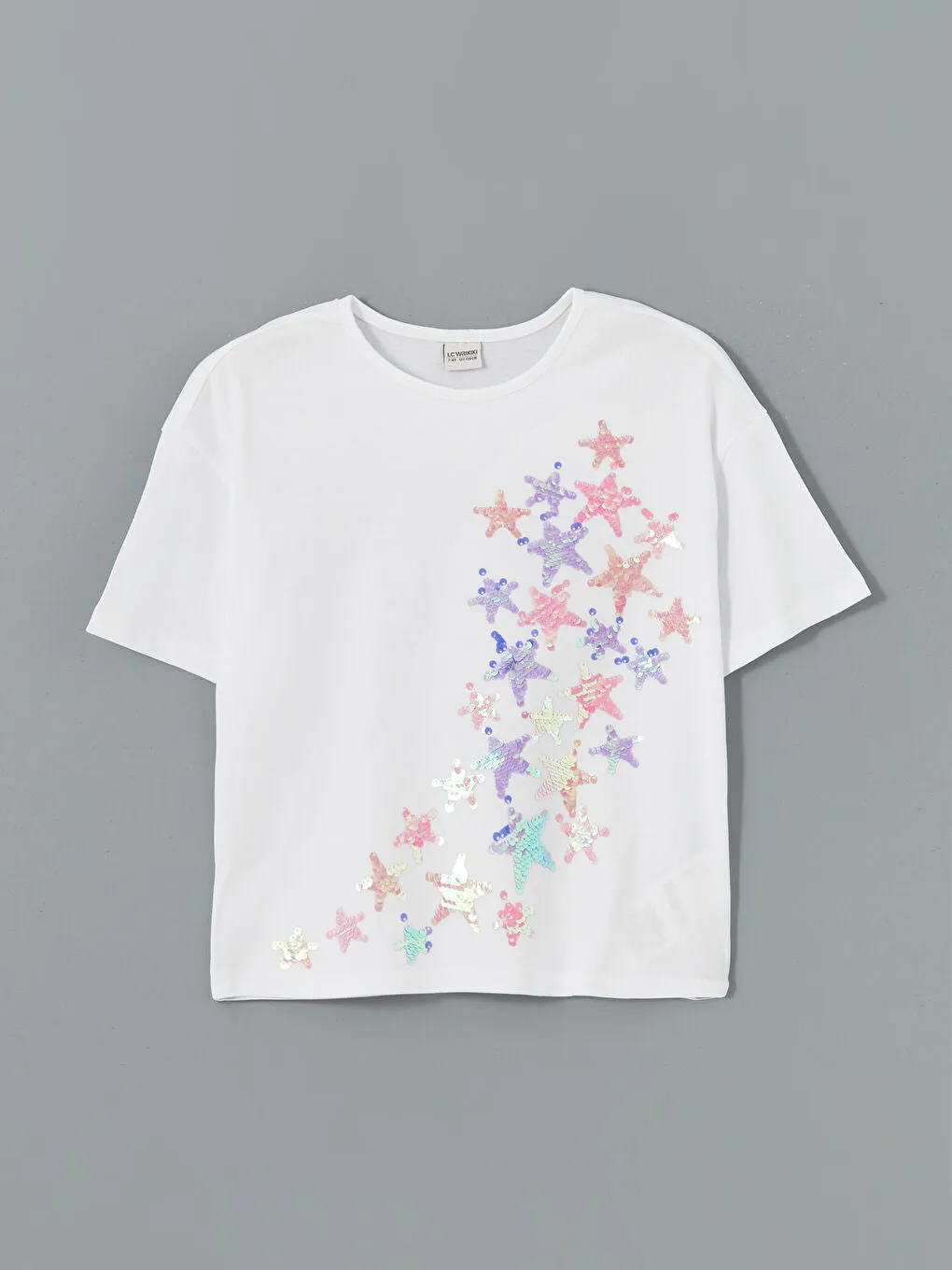 LCW Kids Ecru Crew Neck Sequined Girls T-Shirt