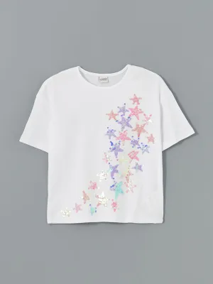LCW Kids Ecru Crew Neck Sequined Girls T-Shirt