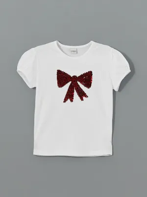 LCW Kids White Crew Neck Double Sided Sequined Girls T-Shirt