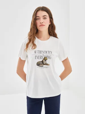 LCW Vision Ecru Crew Neck Leopard Printed Women T-Shirt