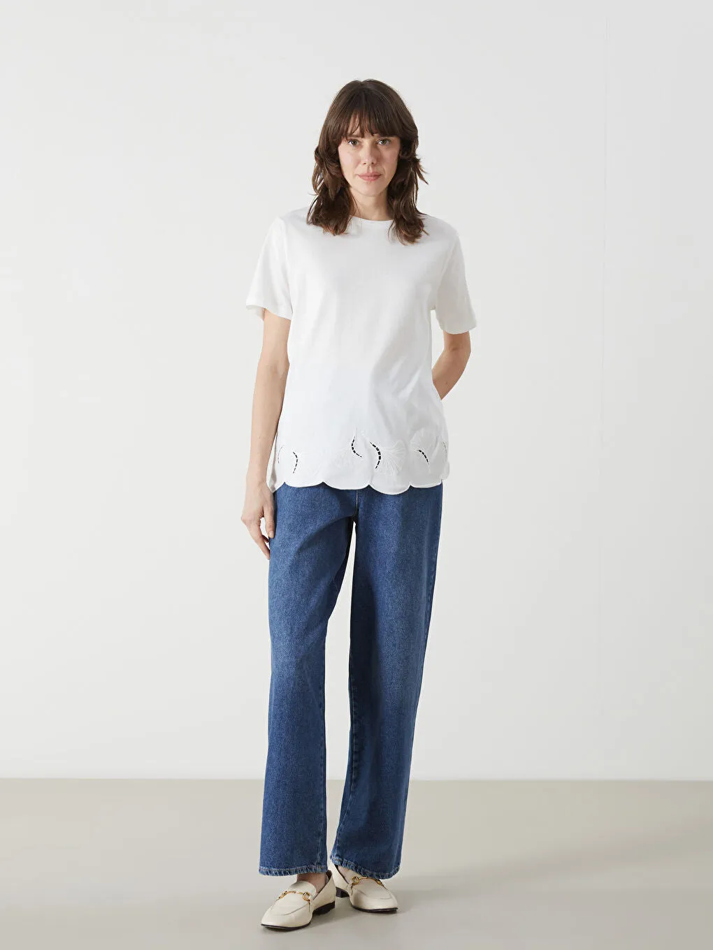 LCWAIKIKI Classic Ecru Crew Neck Embroidered Women T-Shirt