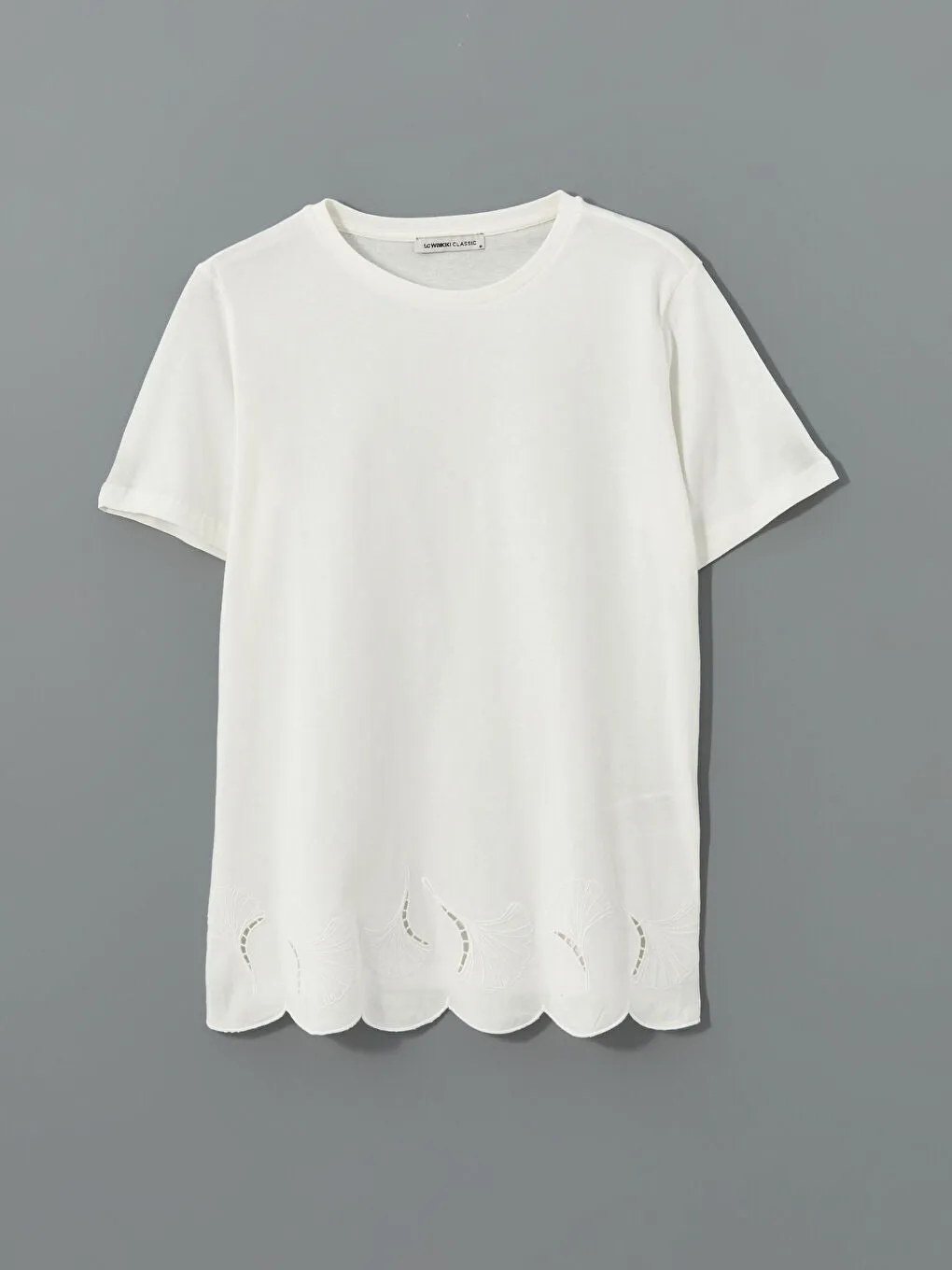 LCWAIKIKI Classic Ecru Crew Neck Embroidered Women T-Shirt