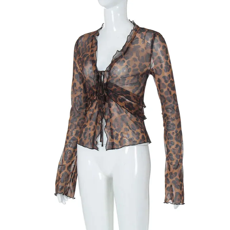 Leopard Print Sheer Mesh Top – Women's See-Through Y2K T-Shirt, Summer Streetwear Blouse & Beachwear