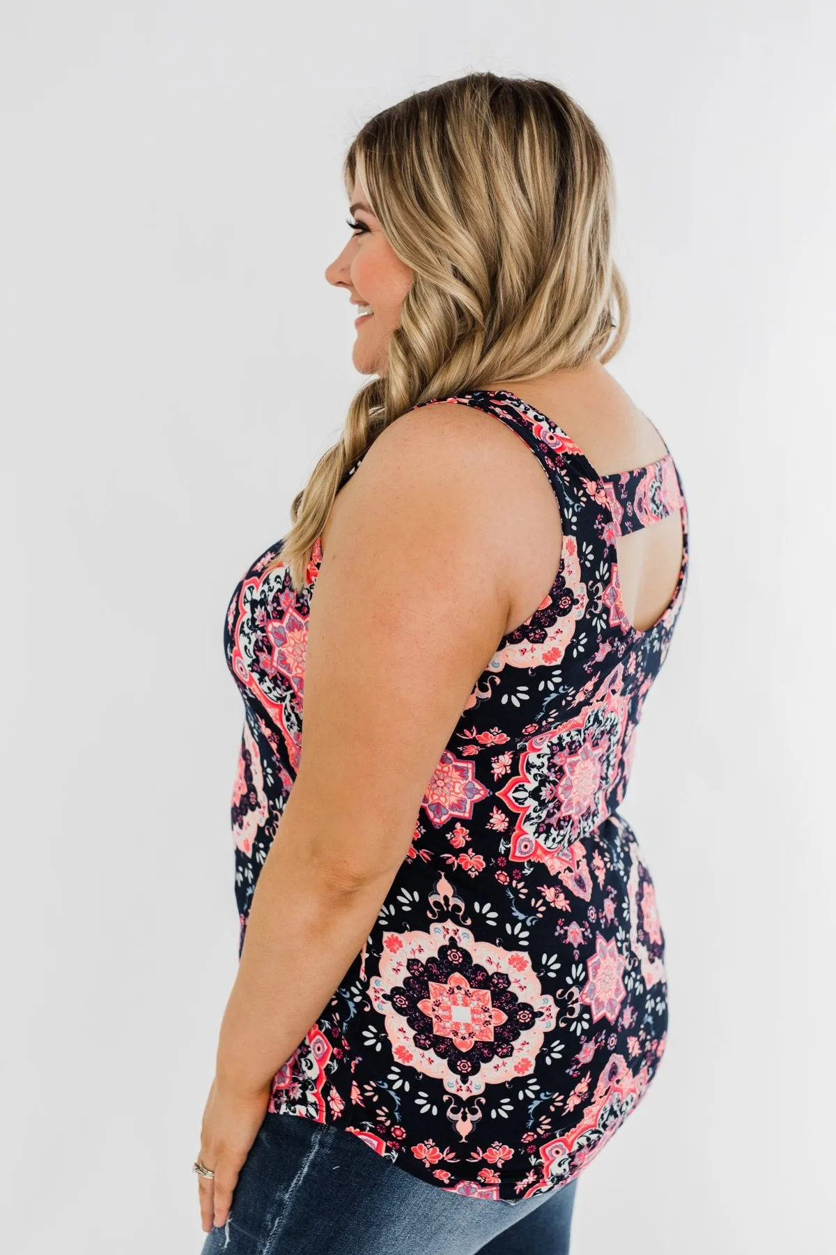 Life Of The Party Pattern Tank Top- Navy & Neon Pink