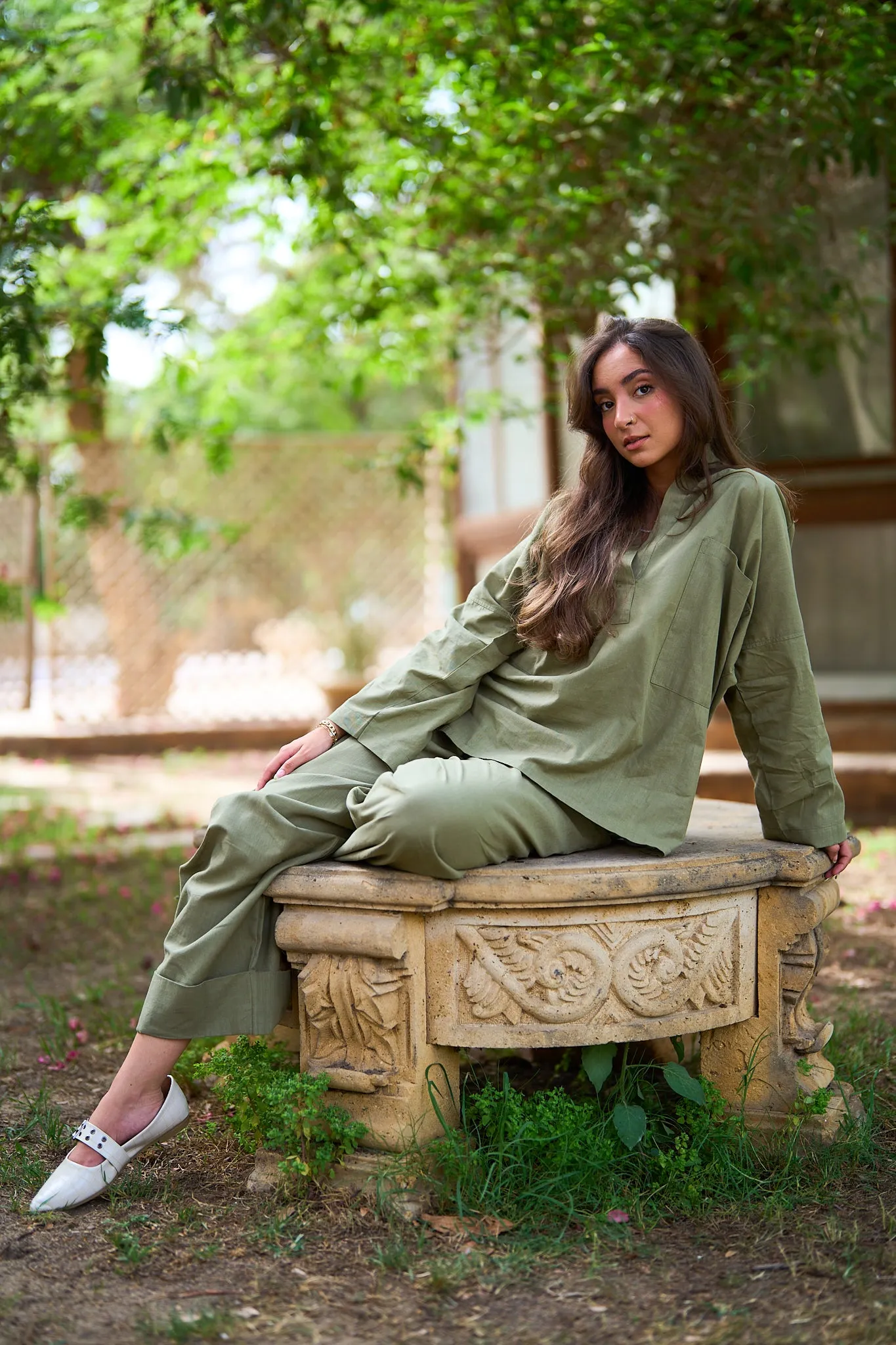 Linen Set In Khakhi green