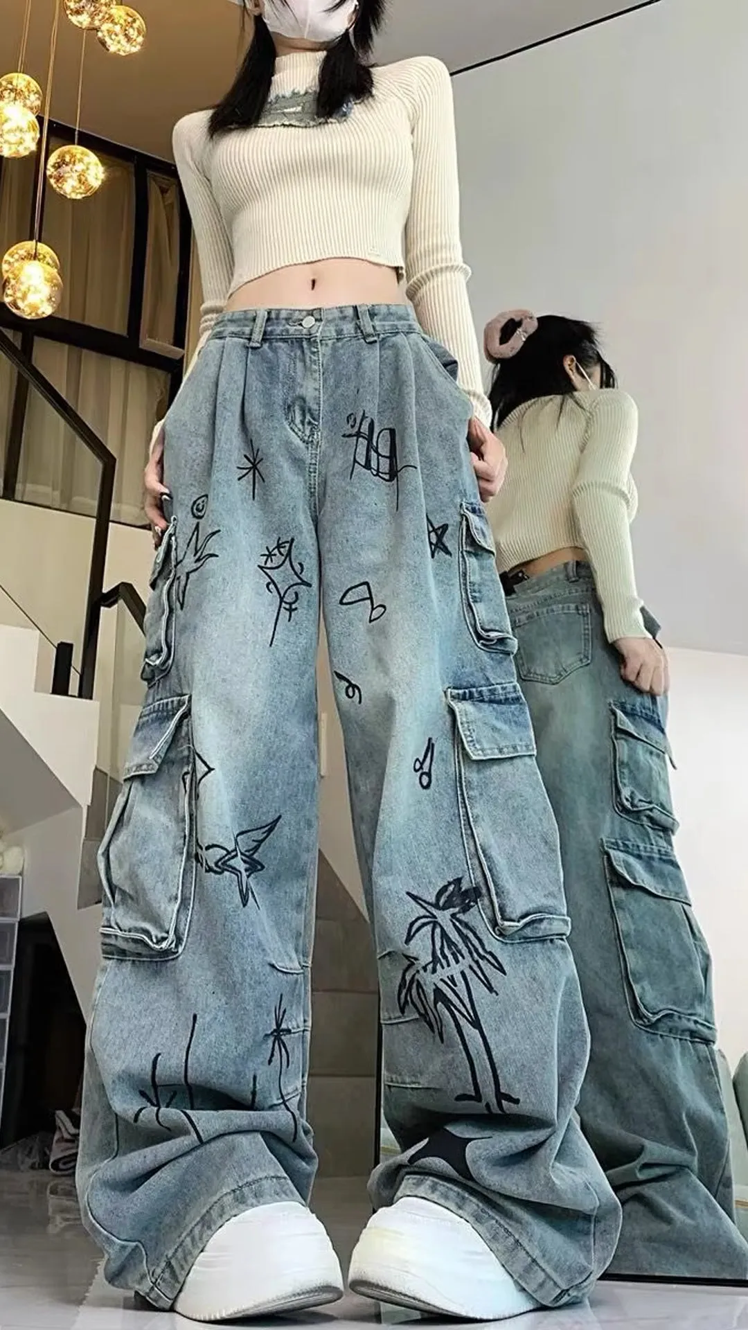 Loose Art Pattern Cargo Pockets Jeans Pants