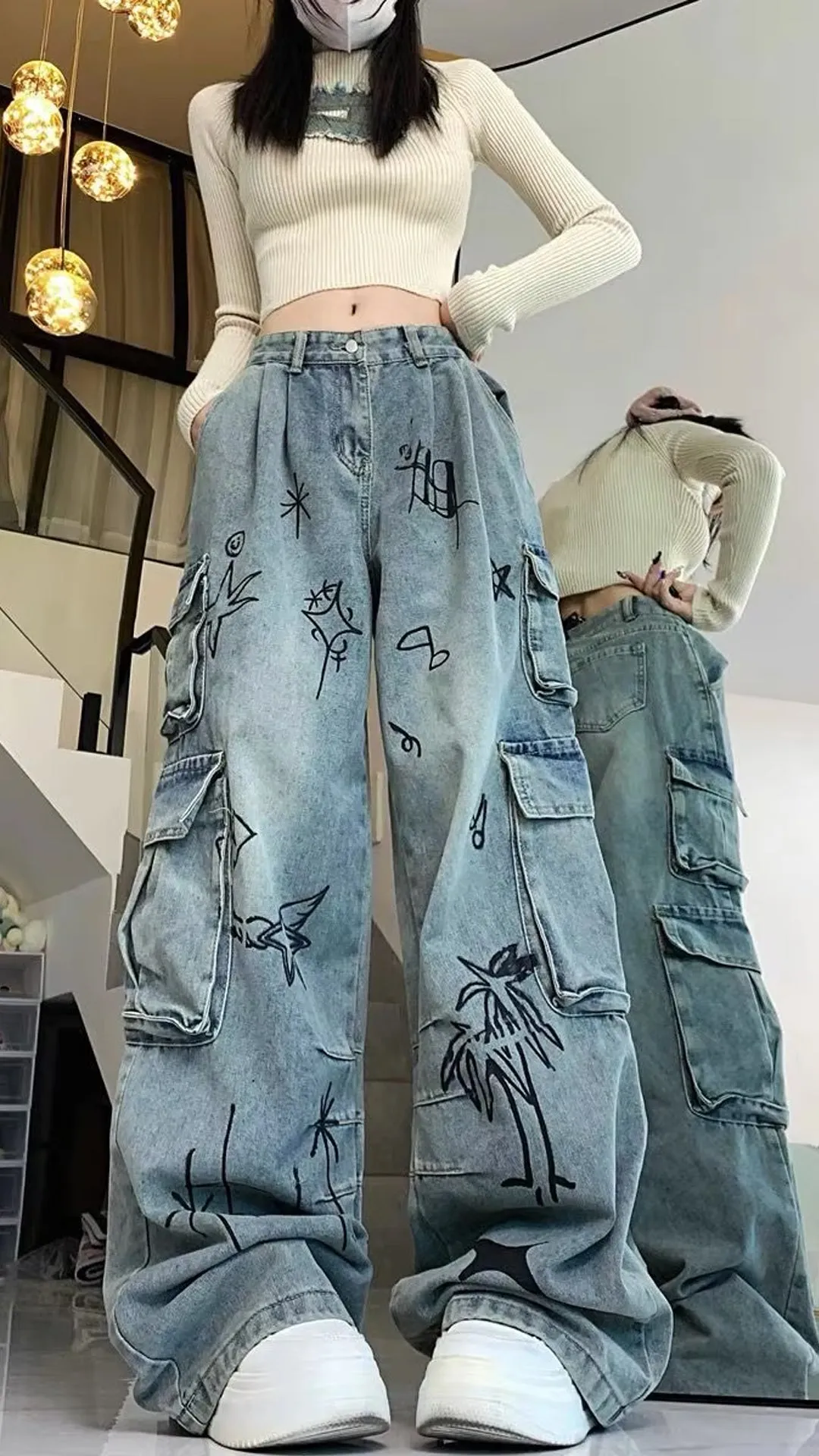 Loose Art Pattern Cargo Pockets Jeans Pants