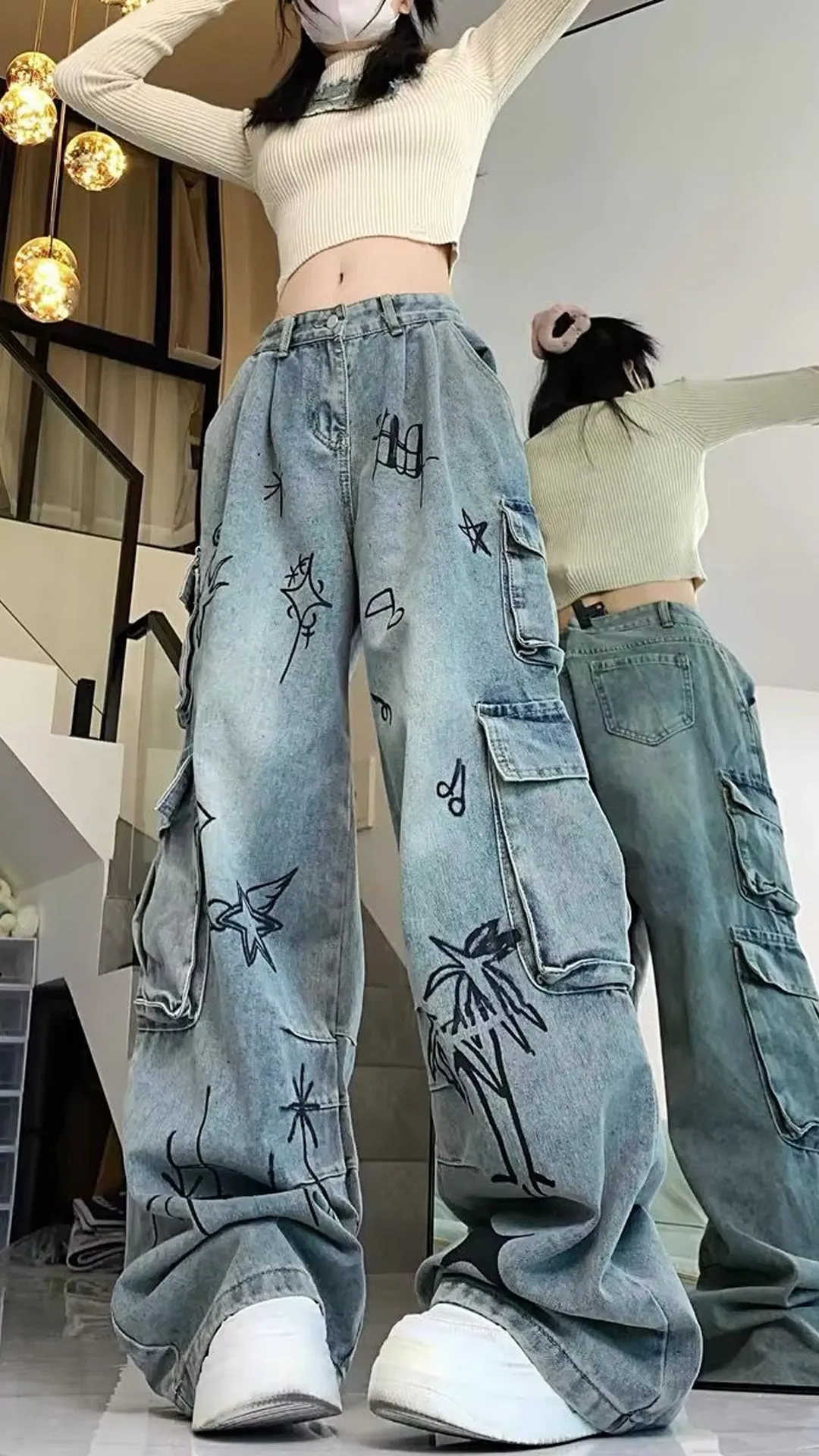 Loose Art Pattern Cargo Pockets Jeans Pants