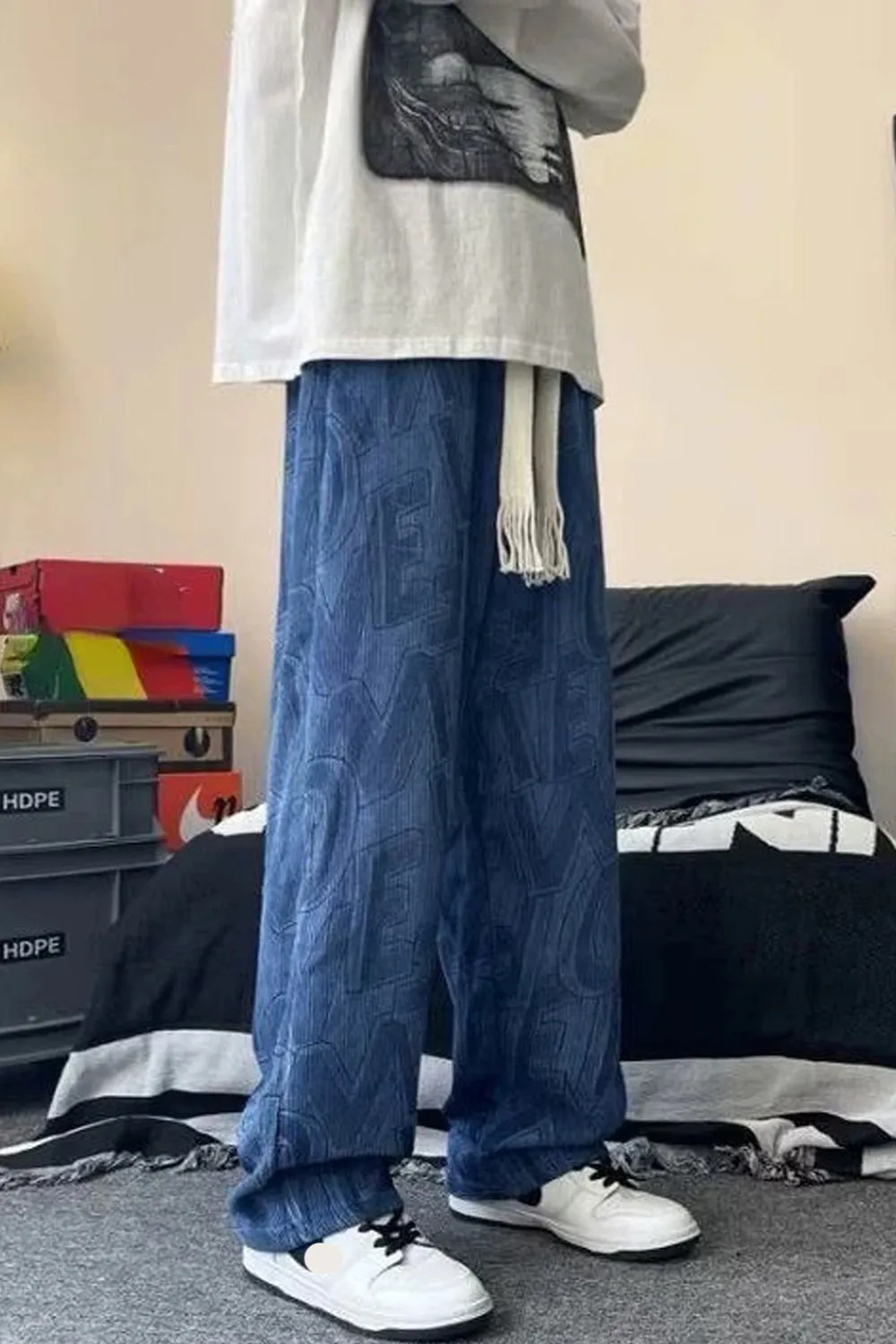 Loose Letter Pattern Corduroy Long Pants