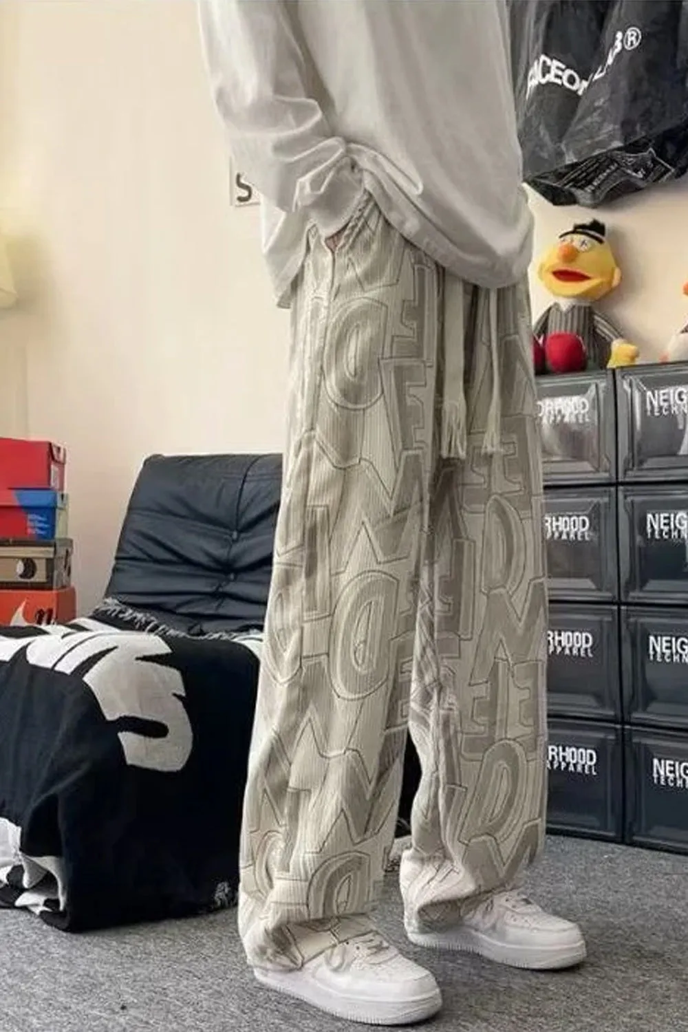 Loose Letter Pattern Corduroy Long Pants