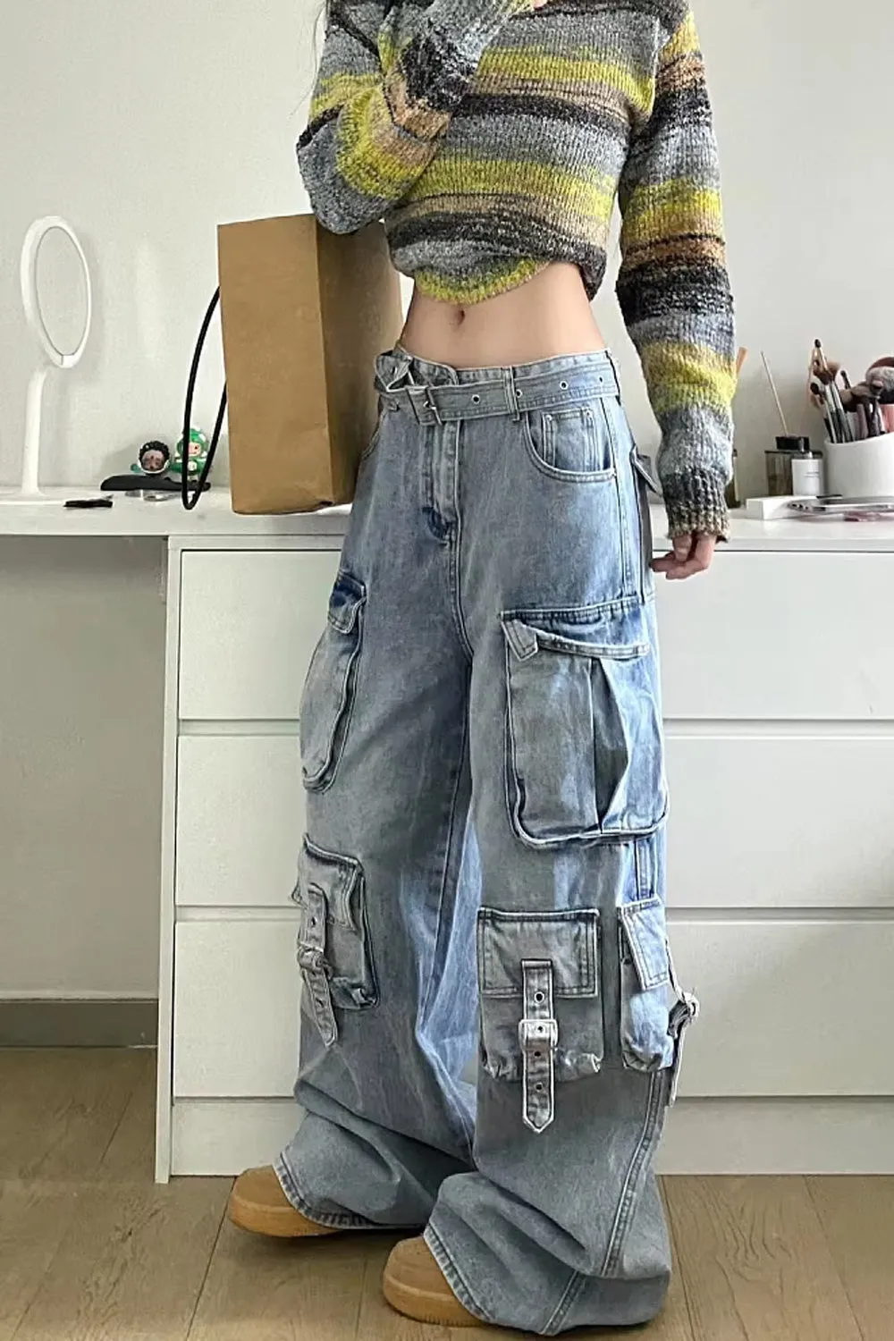 Loose Multi Cargo Pockets Wide Leg Jeans