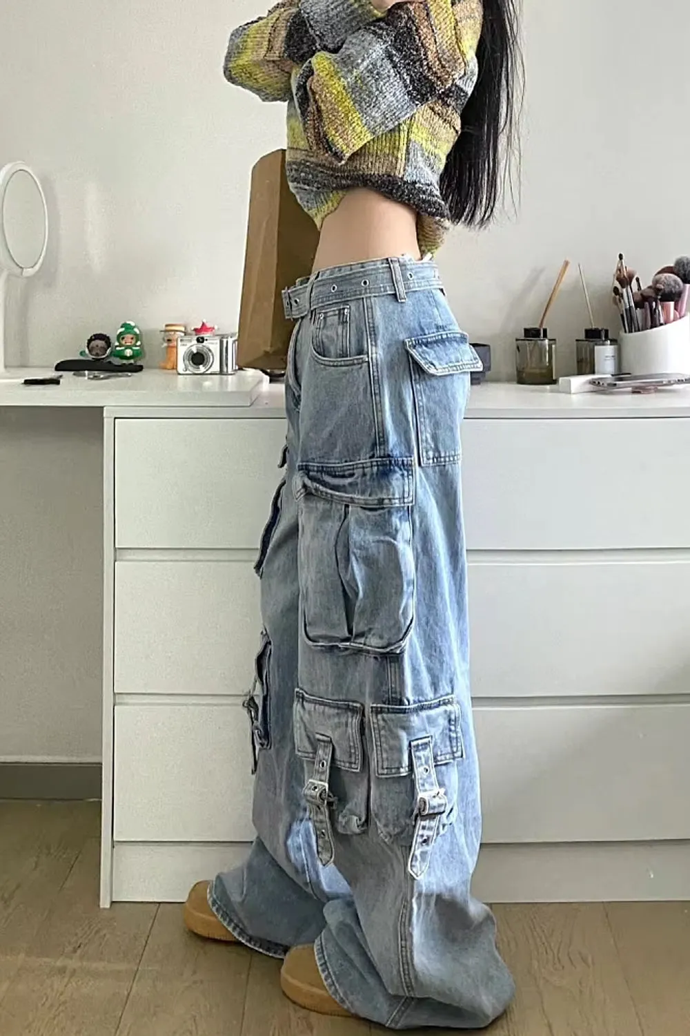 Loose Multi Cargo Pockets Wide Leg Jeans