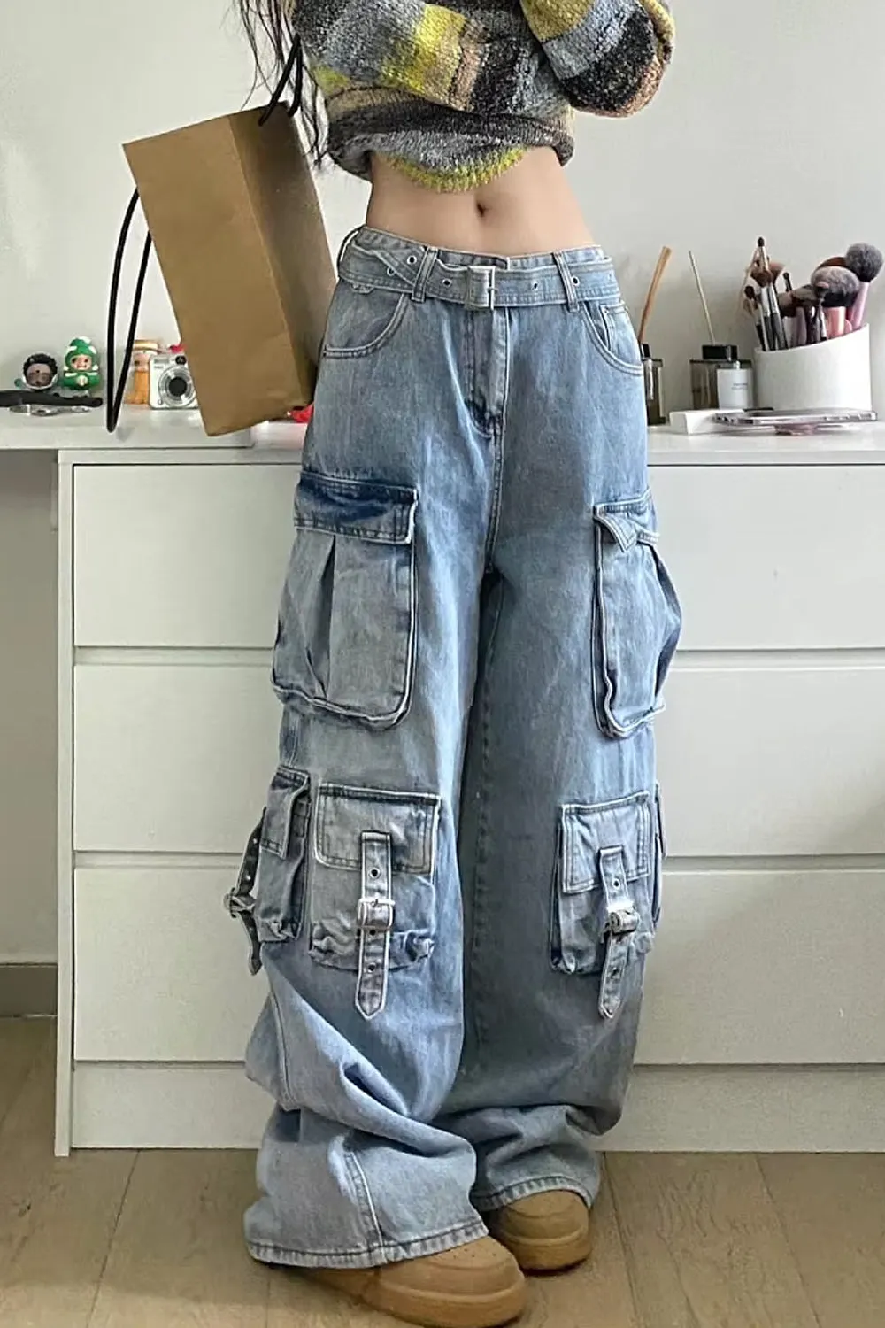Loose Multi Cargo Pockets Wide Leg Jeans