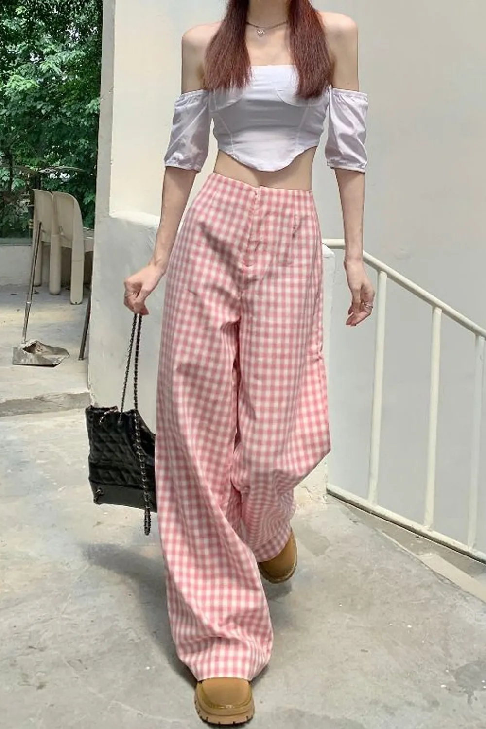 Loose Pink Plaid Wide Leg Pants