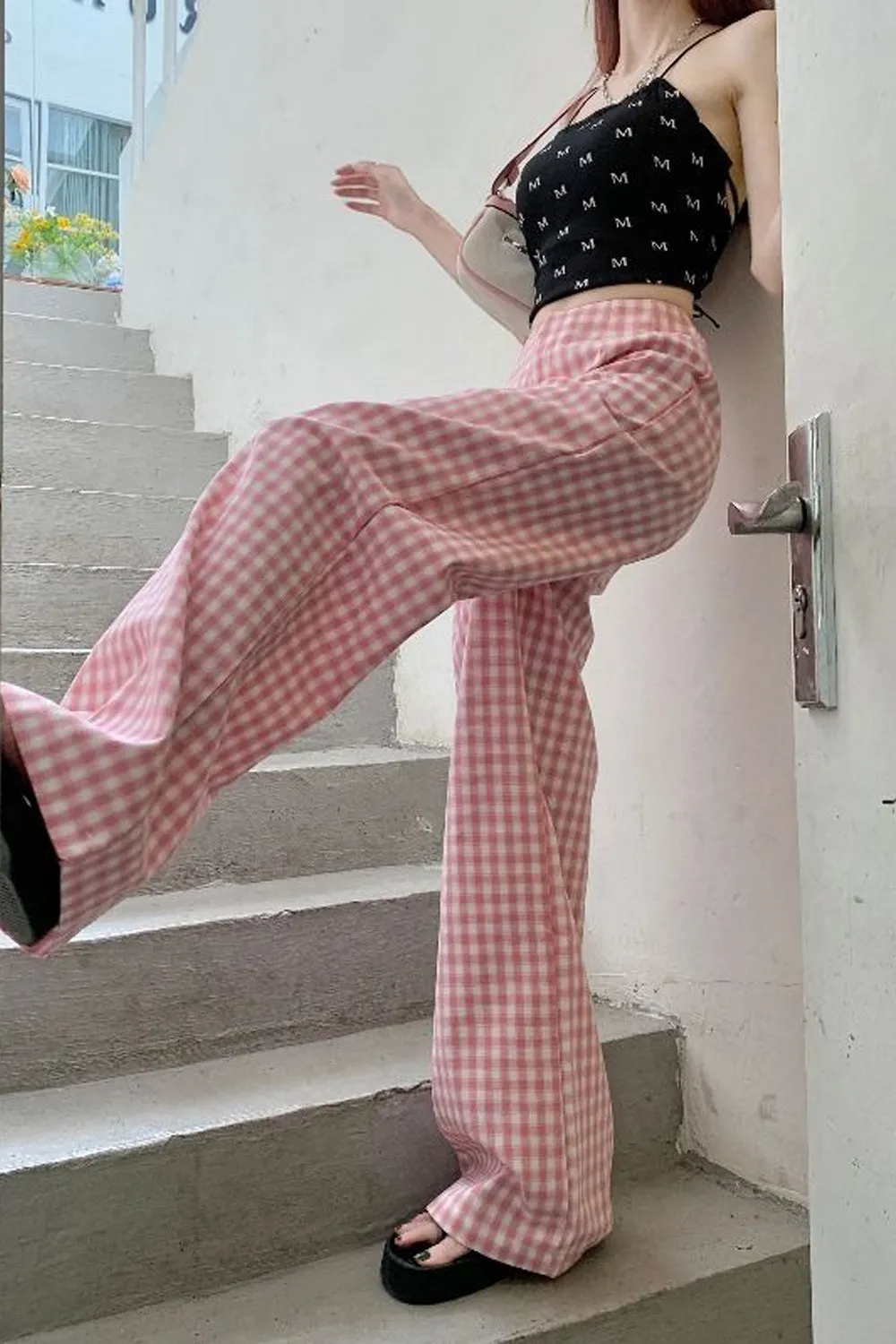 Loose Pink Plaid Wide Leg Pants