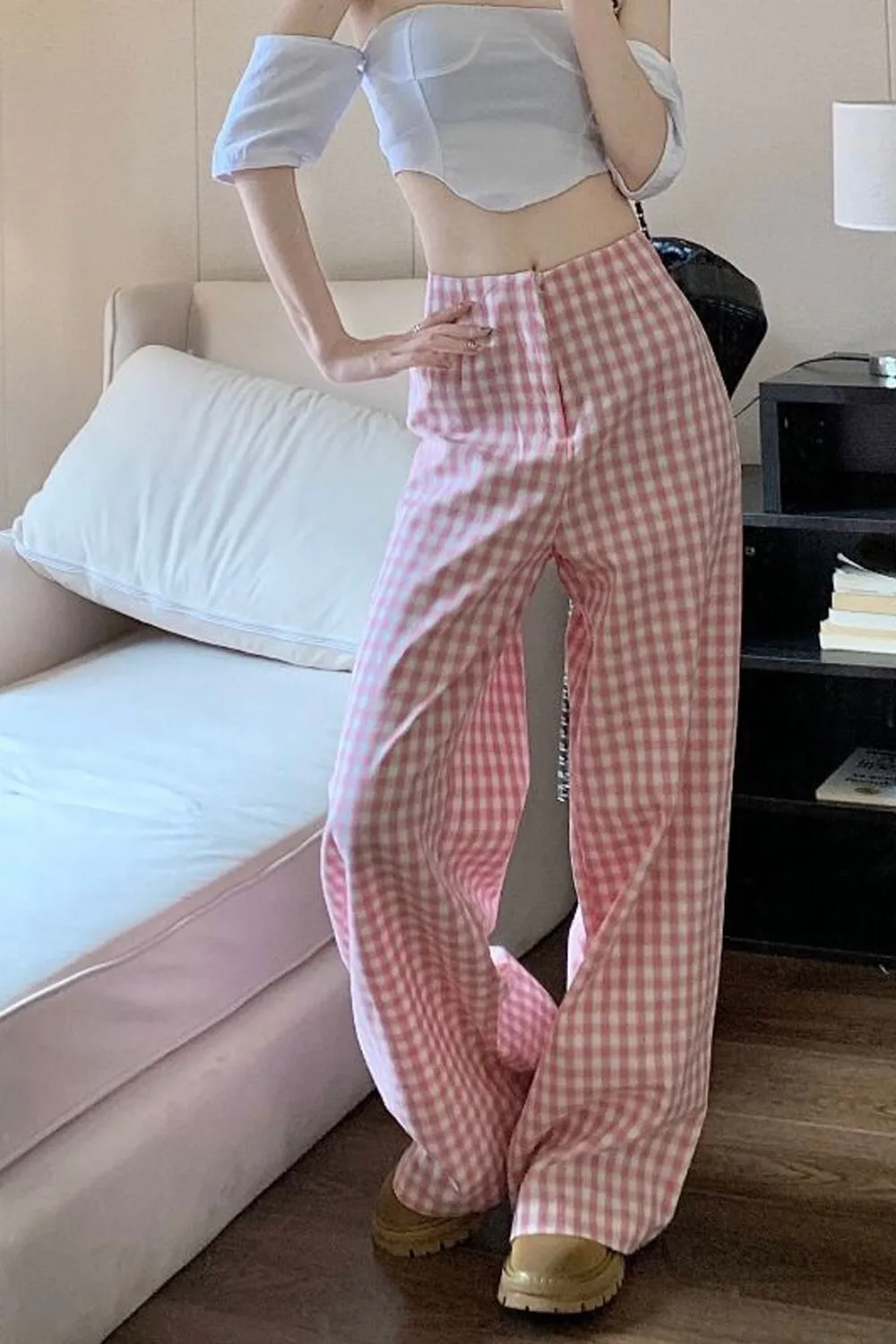 Loose Pink Plaid Wide Leg Pants