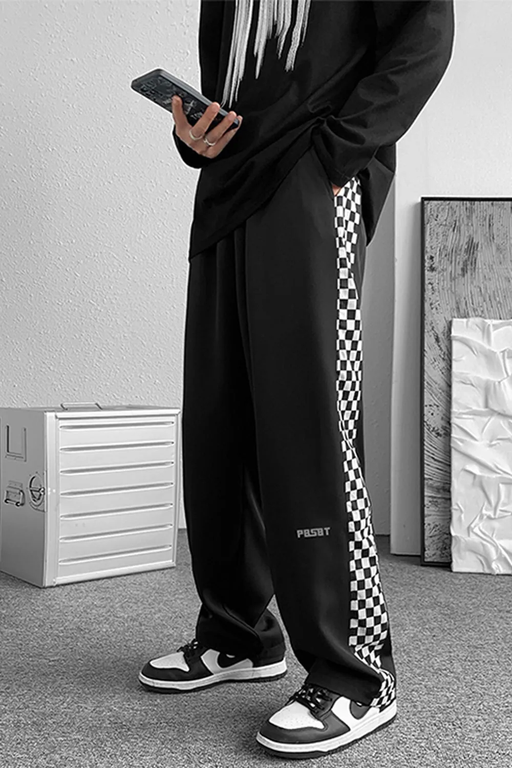 Loose Side Checkered Long Men Pants