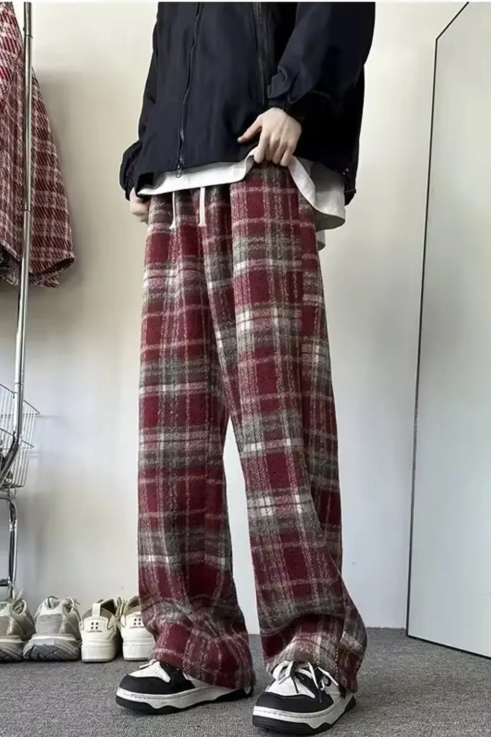 Loose Thick Woolen Plaid Men Pants